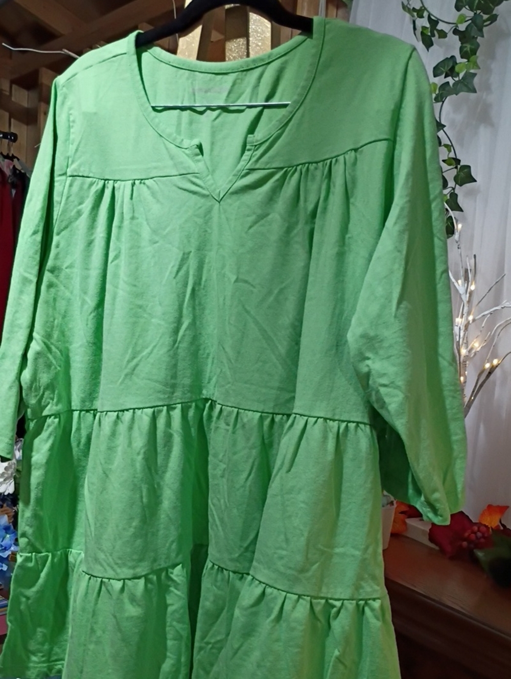Woman Within Bright Green Tiered Long Sleeve Dress